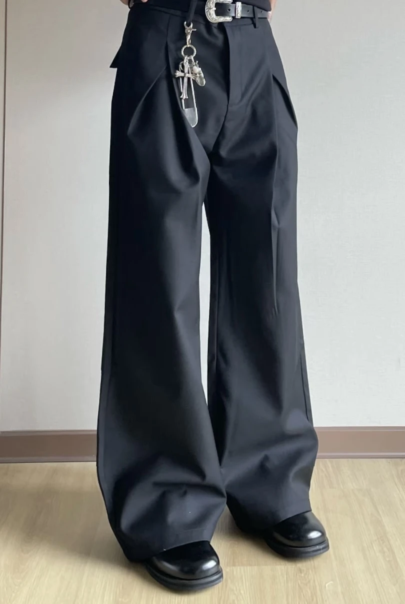 Pantalon de costume vintage plissé à jambe large en sergé pour homme, coupe ample, droit, avec braguette boutonnée, style classique